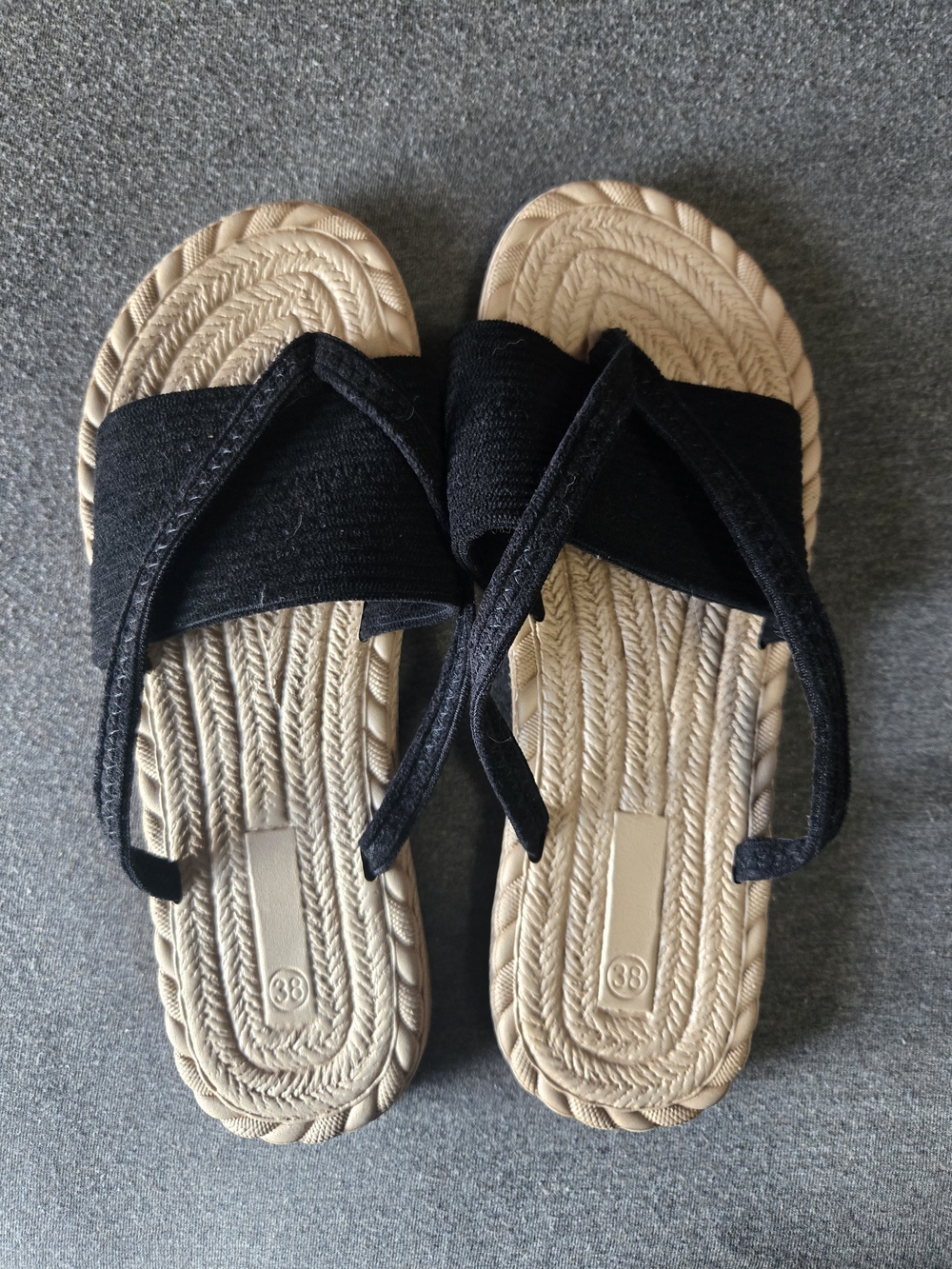 Black Strap Sandal with Natural Rope Footbed